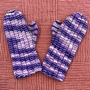 Purple and White handKnit wool Mittens